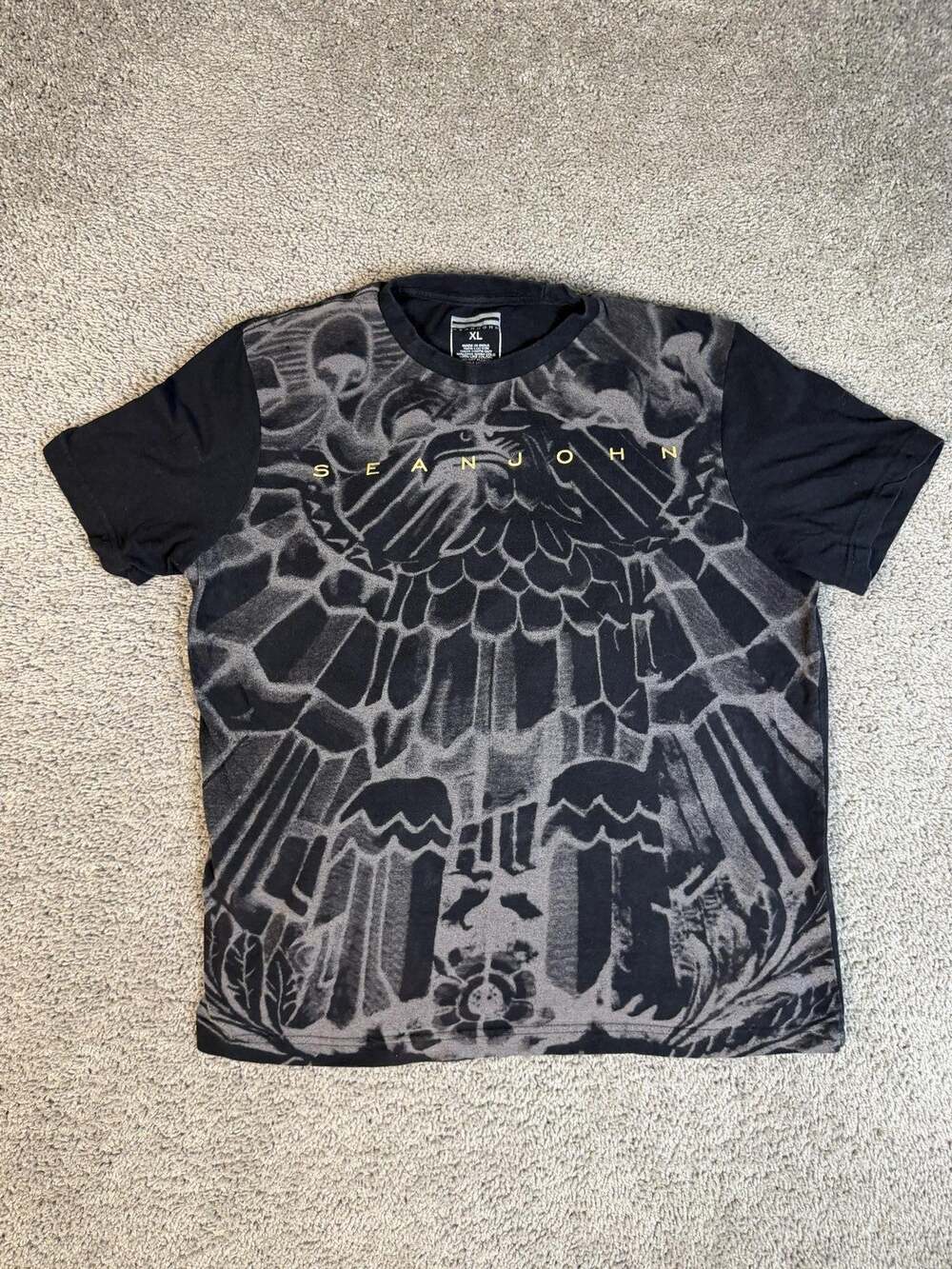 Sean John Shirt Mens XL Black Aztec Temple Graphic Print Crew Neck Cotton